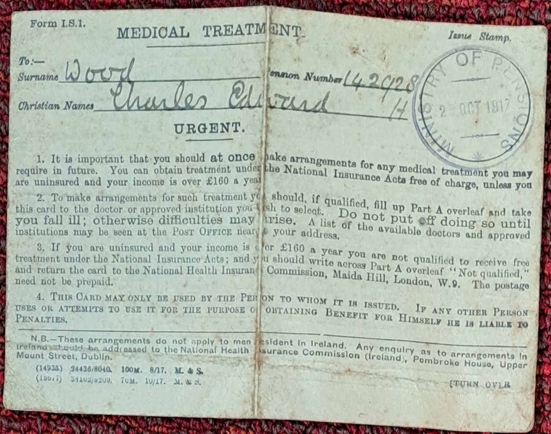 Medical Card, Charles Edward Wood, 1917