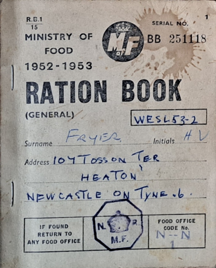 Ministry Of Food Ration Book, Hilda V Fryer 1952-1953
