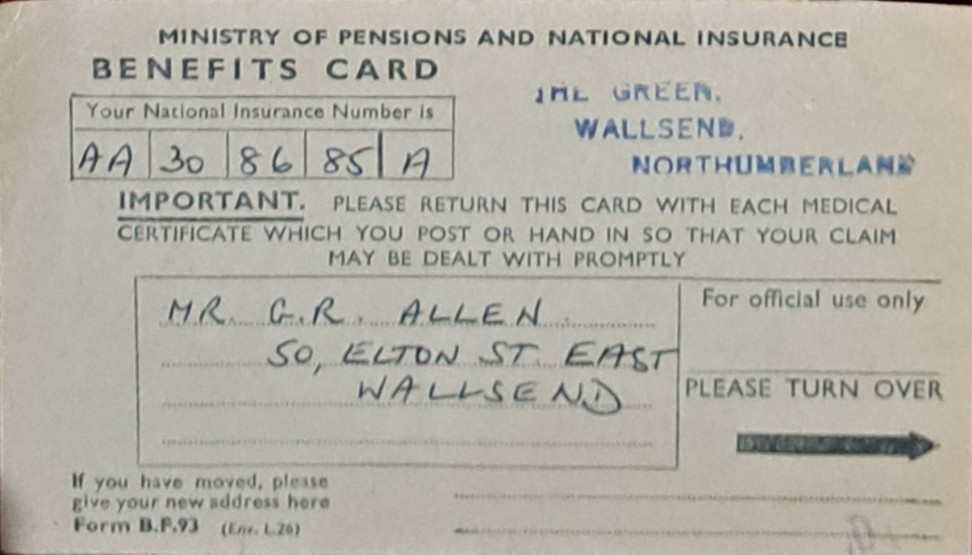 Ministry of Pensions and National Insurance Benefits Card, Mr G R Allen