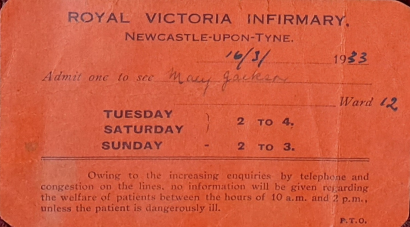 Royal Victoria Infirmary Visiter Pass, 1933