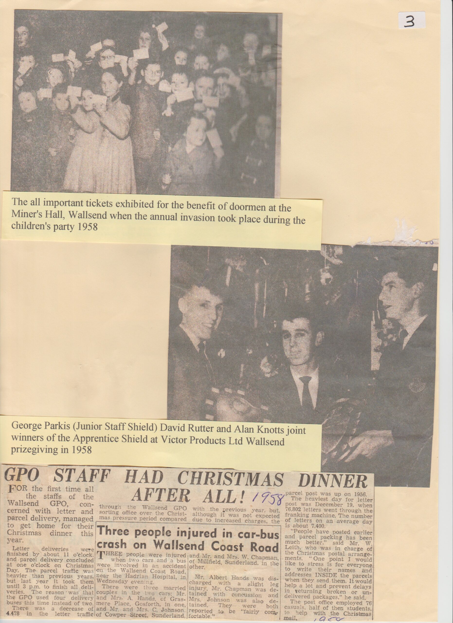 1958 Childrens Party at Miners Hall _ Victor Products Apperntice Adwards with George Parkis,David Rutter, Alan Knotts _ GPO Christmas Staff Party
