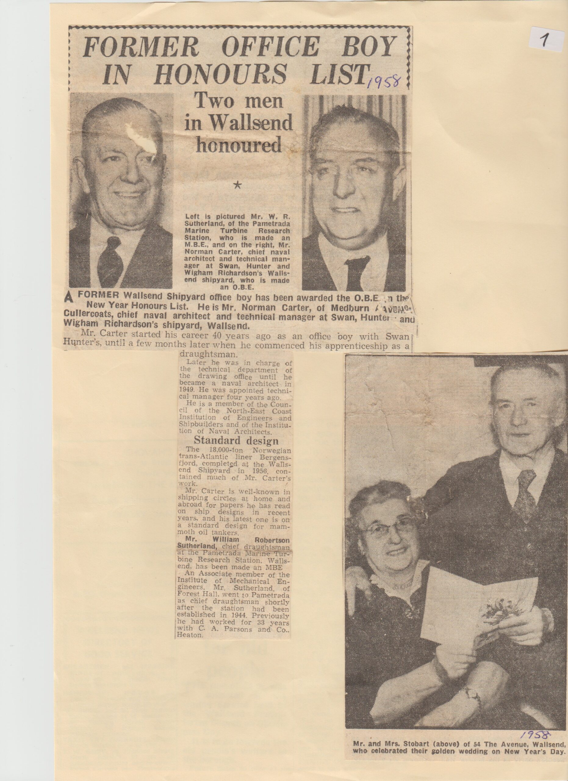 1958 OBE Willian Robertson Sutherland _ Norman Carter _ Mr _ Mrs Sobart Golden Wedding Anniversary