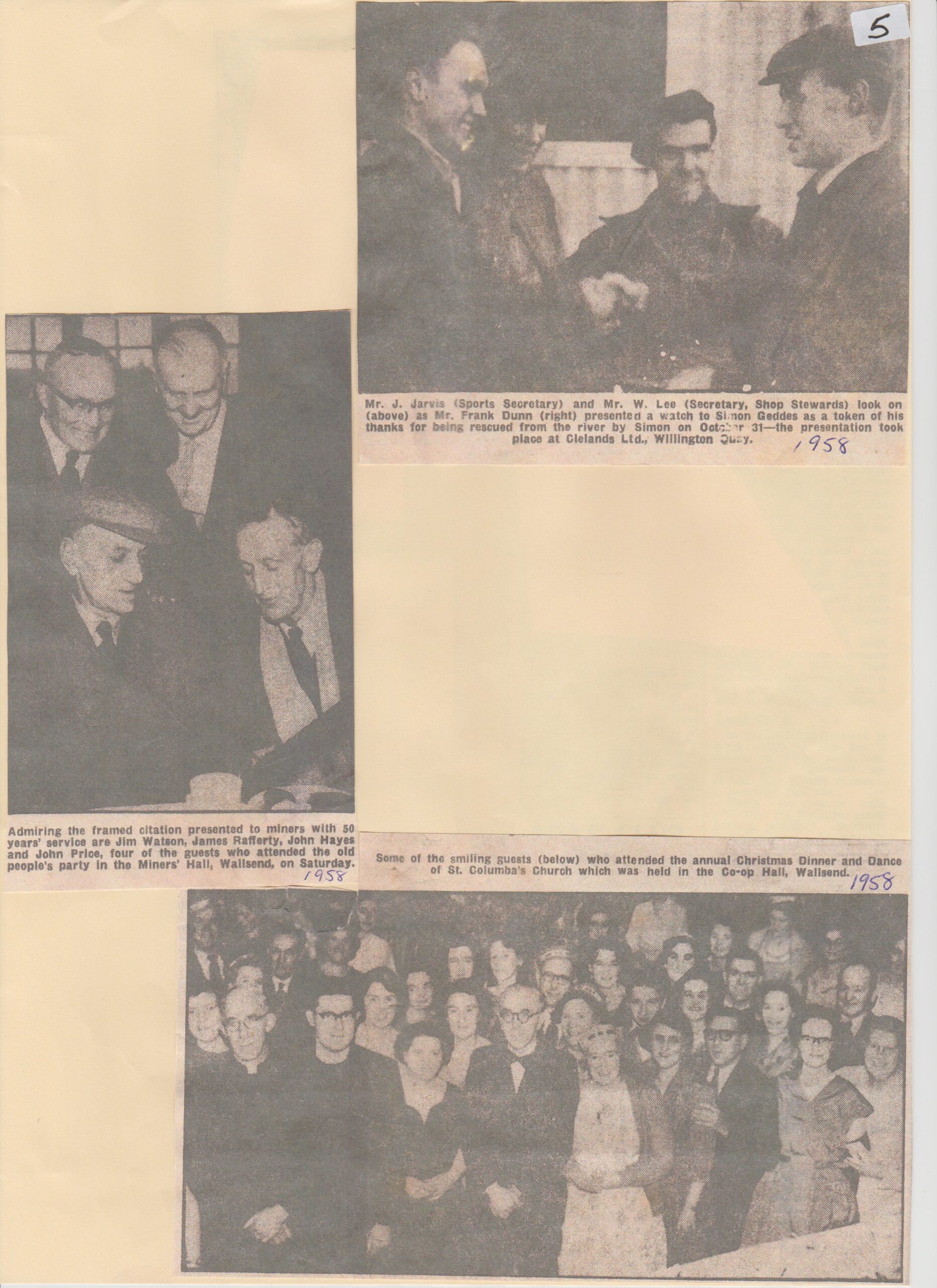 1958, Presentation at Clelands, Presentation to Miners for 50 Years Service _ Chritmas Dinner Dance St Columba_s Church