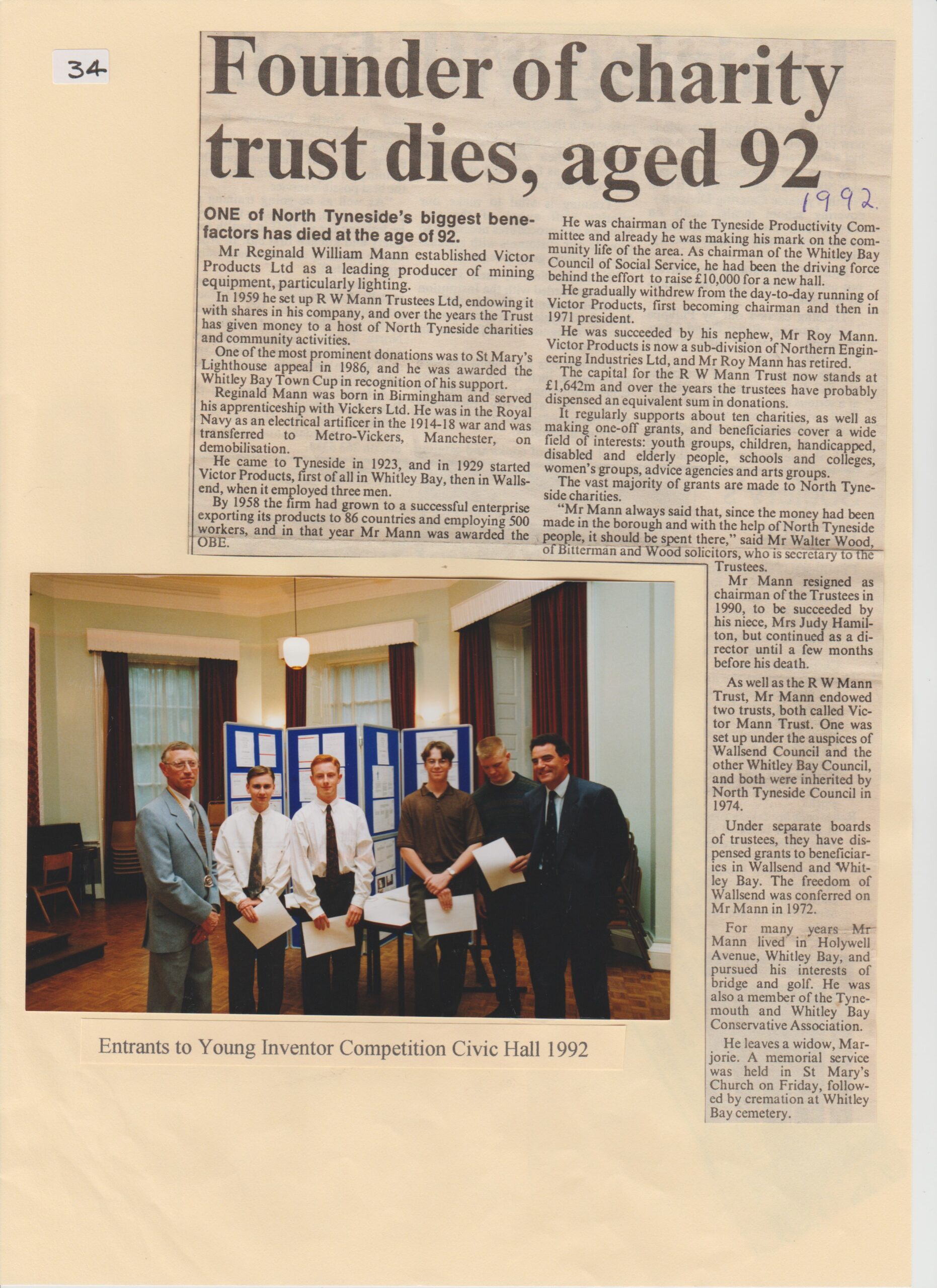 Entrants to young Inventor Competition and Article on death of William Mann both 1992