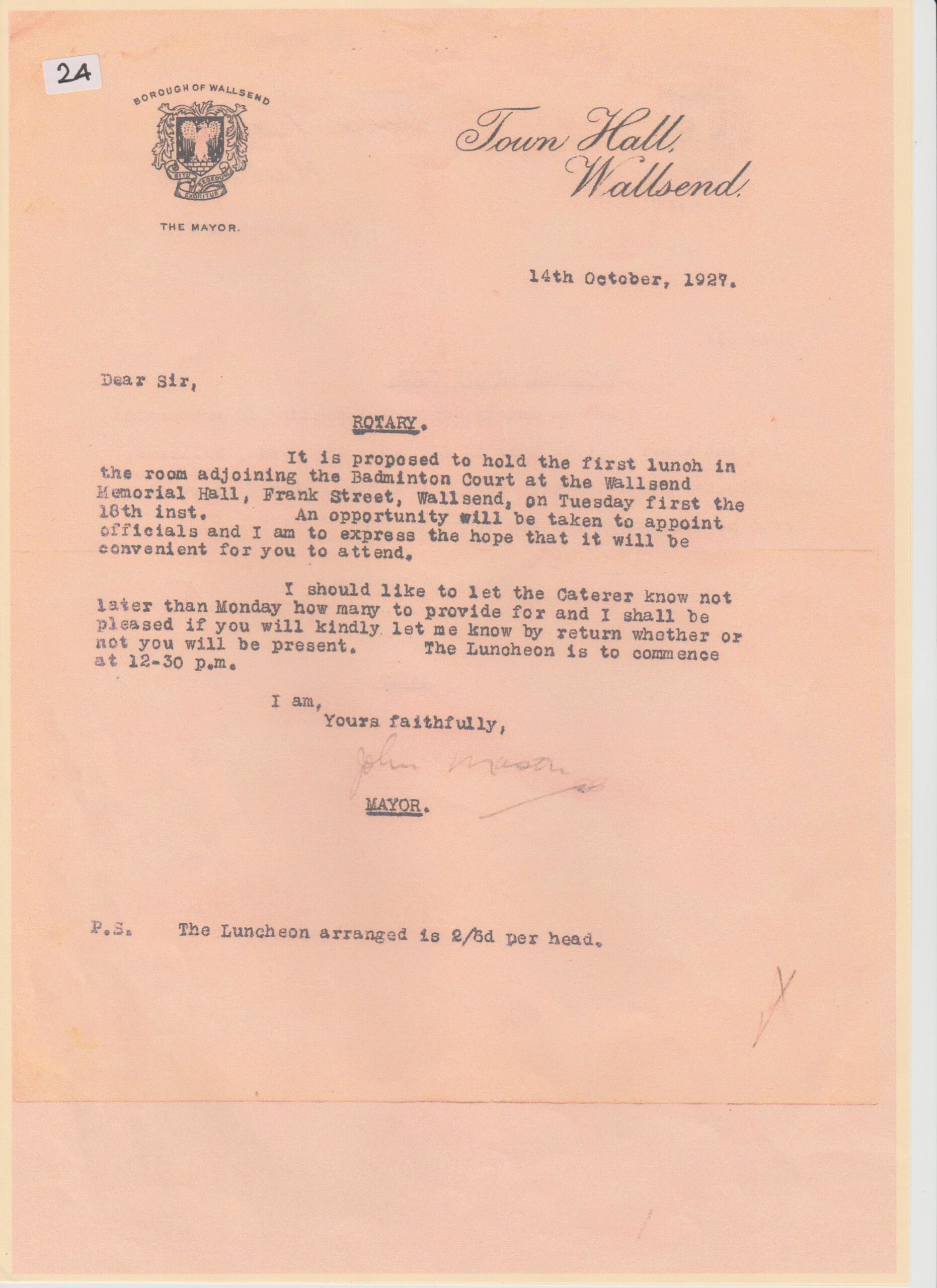 John Mason Letter to Rotary Club 14th October 1927