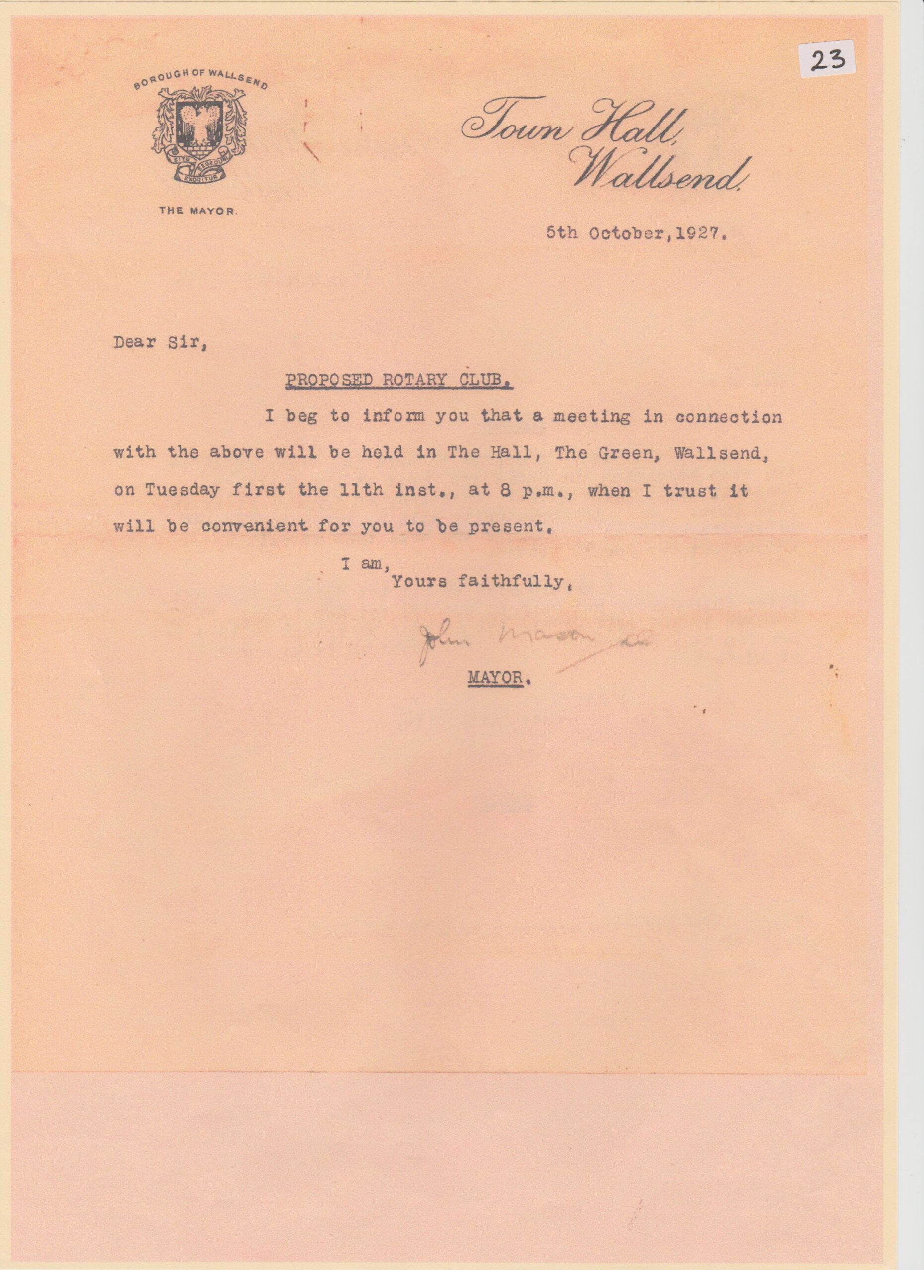 John Mason letter dated 5th October 1927 on proposed rotary club