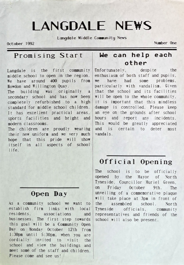 Langdale News, Langdale Middle Community News, Number One, October 1992 - Langdale Middle Community School - 1992