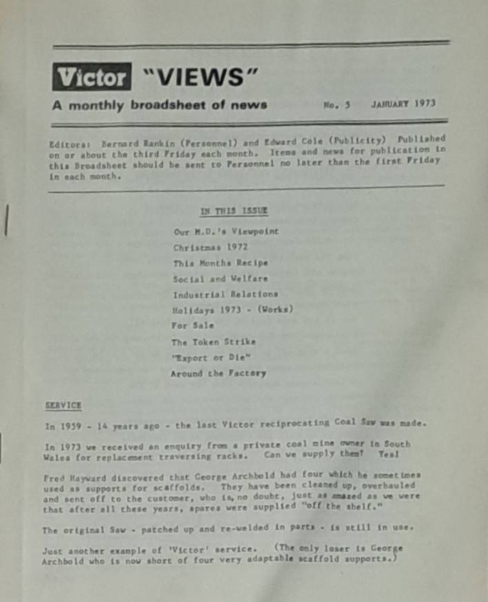 Victor Views, A Monthly Broadsheet Of News, January 1973 - Victor Products Ltd - 1973