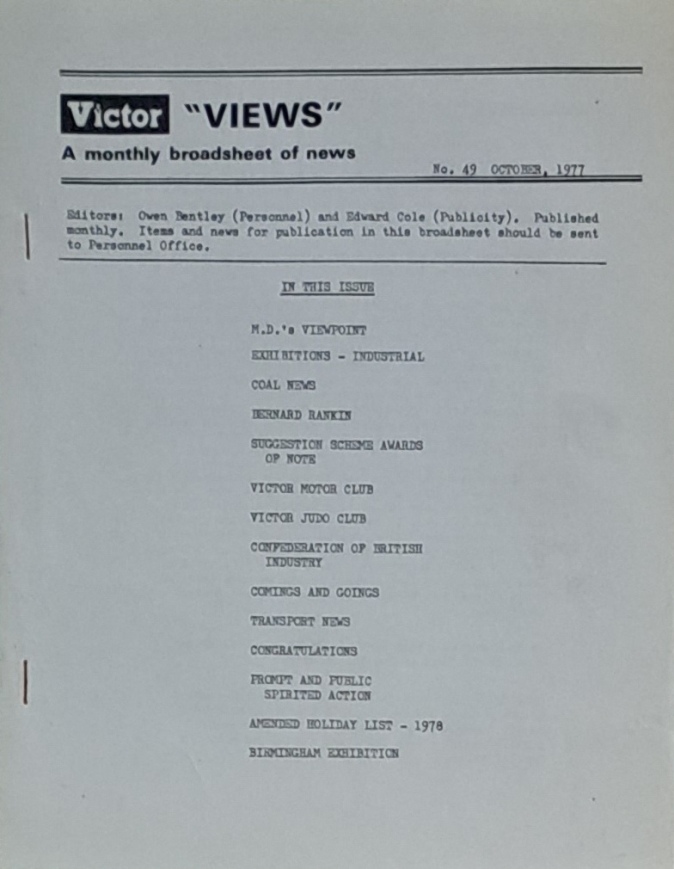 Victor Views, A Monthly Broadsheet Of News, October 1977 - Victor Products Ltd - 1977